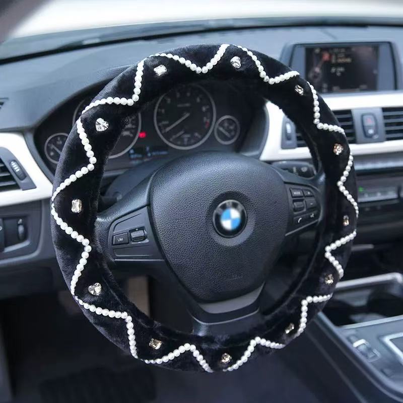 Fuzzy Petal Design Rhinestone Steering Wheel Cover - Warm and Universal Fit