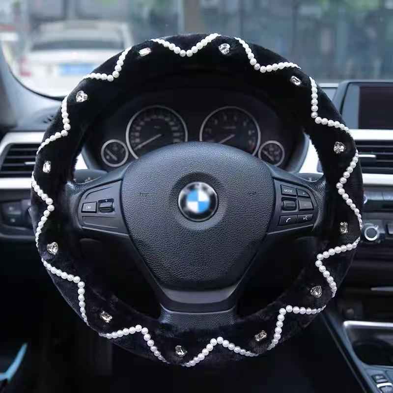 Fuzzy Petal Design Rhinestone Steering Wheel Cover - Warm and Universal Fit
