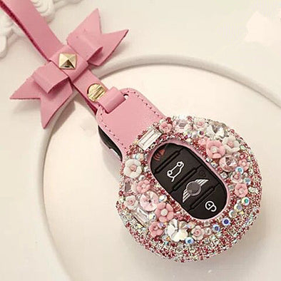 Bling Bedazzled  BMW Mini  F54 F55 Key Leather Case with bow - Pink