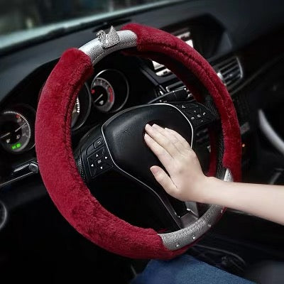 Black Leather and Sherpa Fur Wool Steering wheel cover with Bling
