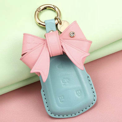 Leather Car Key Fob Holder Cover and Bow for Cadillac