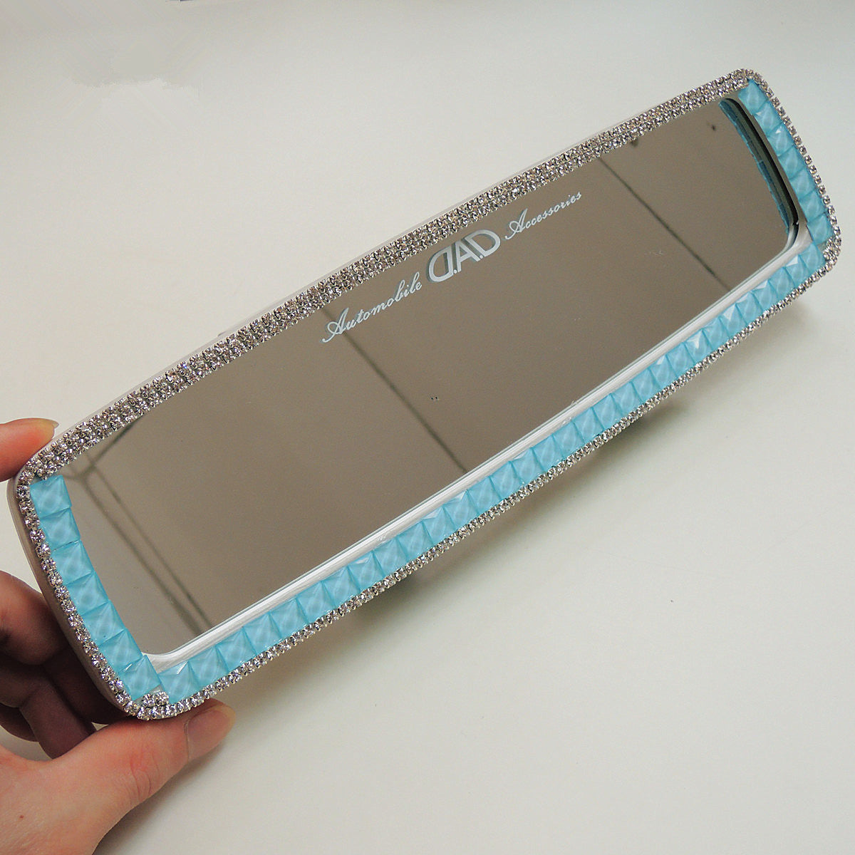 Bling Bling Car Rearview Mirror Rhinestones Clip-on Chrome - Light Blue - Carsoda