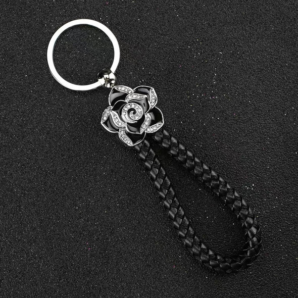 Braided Leather with Bling Camellia Flower Key Chain Keychain