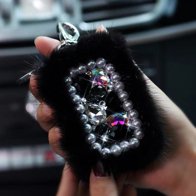 Bedazzled Car Key Holder Bag Case with Bling Rhinestones and fur