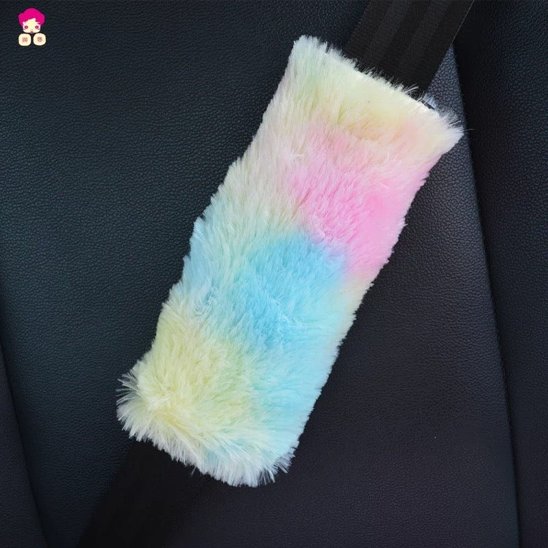 Fluffy Rainbow seat belt cover