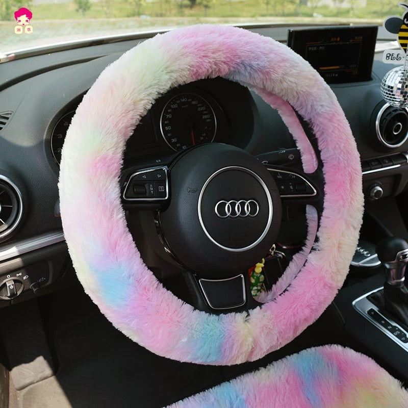 Fluffy Rainbow steering wheel cover