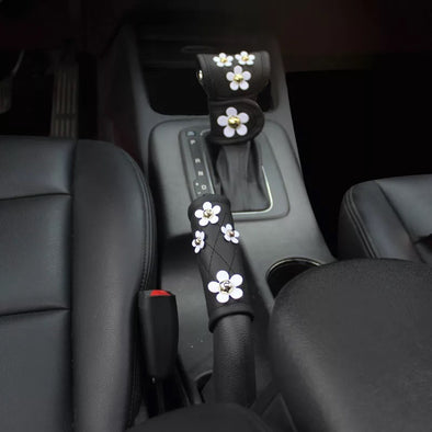 Black Leather Hand Brake & Gear Shift Cover 2-pieces-Set with Daisy - Carsoda - 1