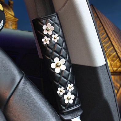 Black leather Seat Belt Cover with Daisy - Carsoda