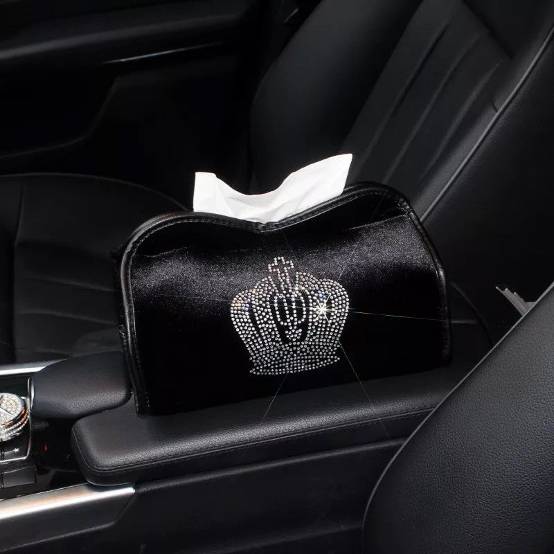 Car Tissue box - Black velvet with Bling Crown Decoration - Carsoda - 2