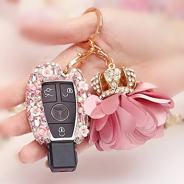 Mercedes Benz Pink Bling Car Key Holder with Rhinestones and flowers