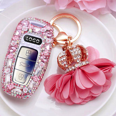 Audi Bling Car Key Leather Holder with Rhinestones- Pink/Purple for 2019 A6 A7 A8