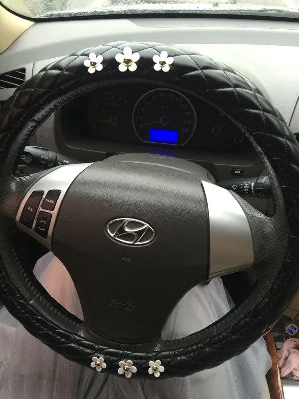Black Leather Steering wheel cover with Daisy – Carsoda