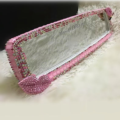 Bling Clip-on Chrome Car Rear View Mirror Cover - Pink Crystal Lip Attached