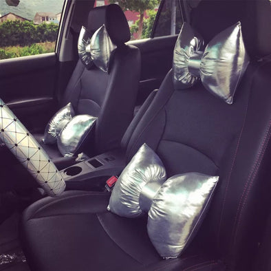 Cyber Chrome Silver Bow Car Seat Headrest and Waist Pillow - Carsoda - 1