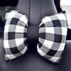 Bow Shaped Car Seat Headrest Pillow - Black and White Check Plaid Pattern