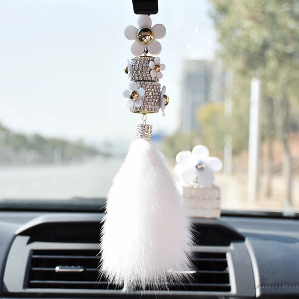 Scented Fur Bling Car Charm Rear View Pendant with Bling Daisy