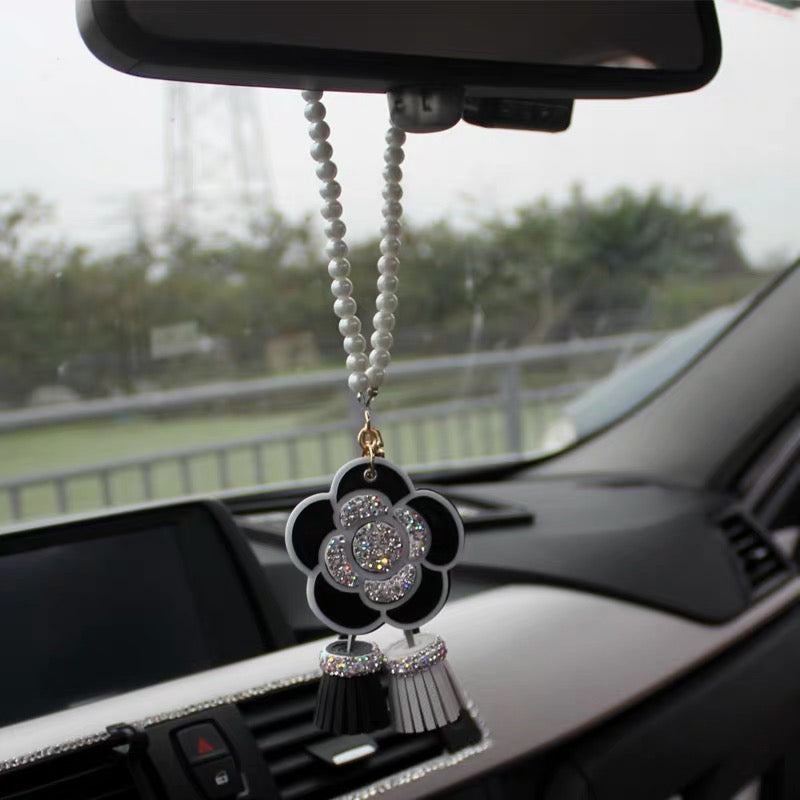 Bling Car Mirror Charm Ornaments-Hanging Camellia Rearview Mirror