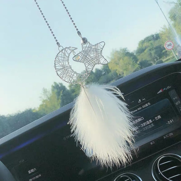 Moon and Star Bling Car Charm Rear View Pendant with Fur