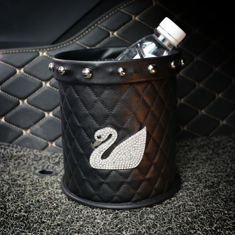 Bling Your Ride - Black Water resistant Car Trash Can with Bling swan