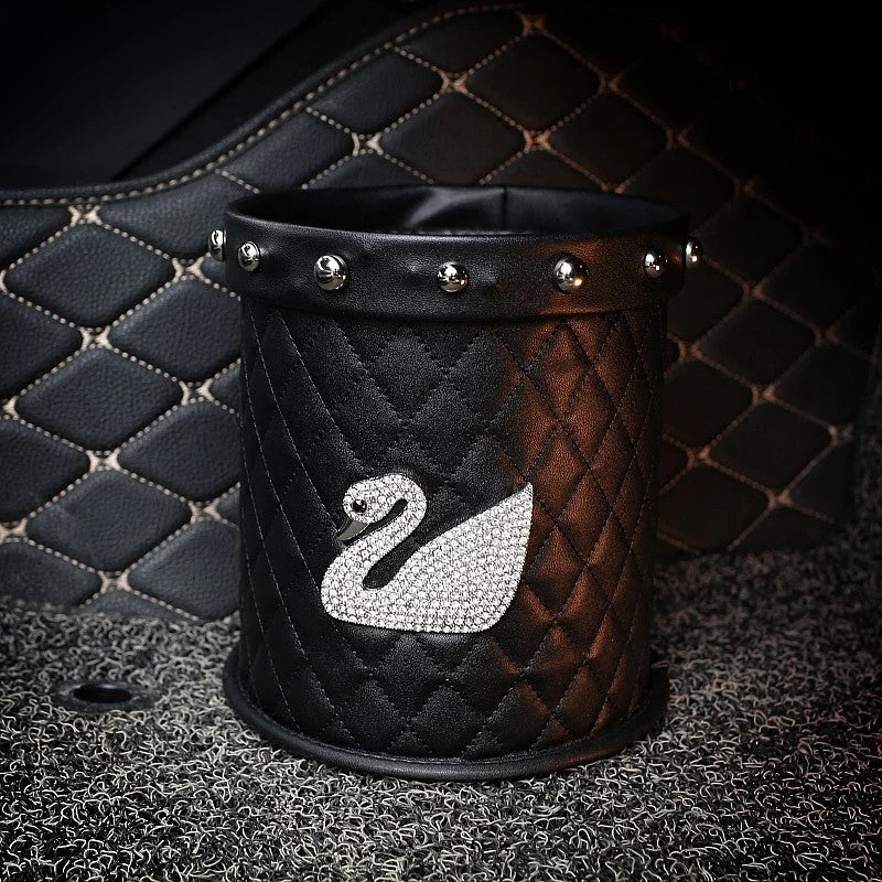 Bling Your Ride - Black Water resistant Car Trash Can with Bling swan