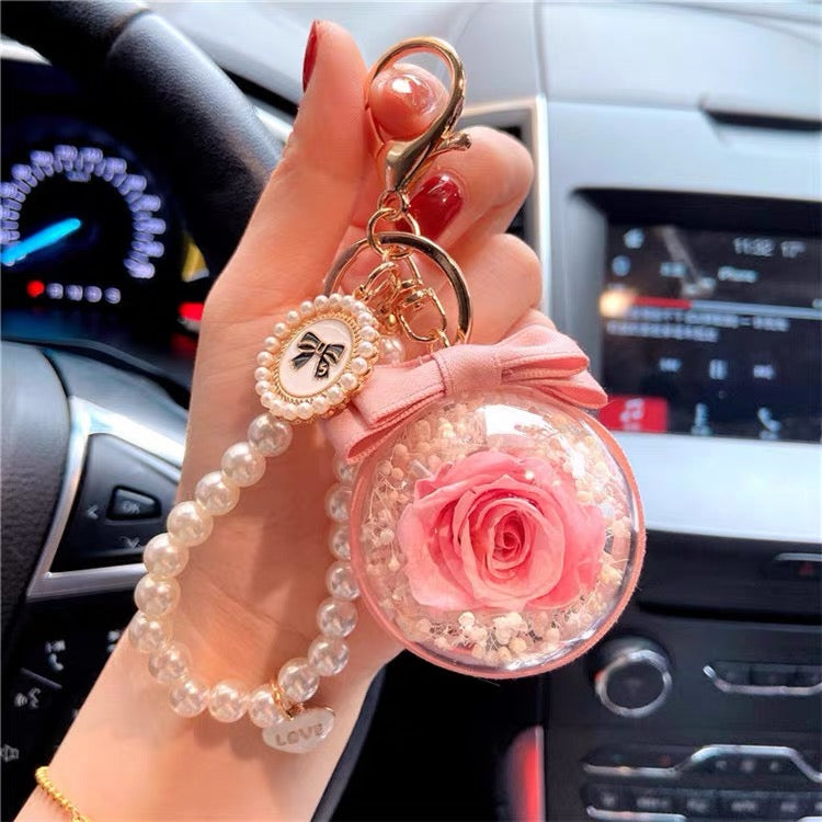 Aesthetic Car keychain Pendant Crystal Preserved Flower Rose in Glass with Pearl Chain