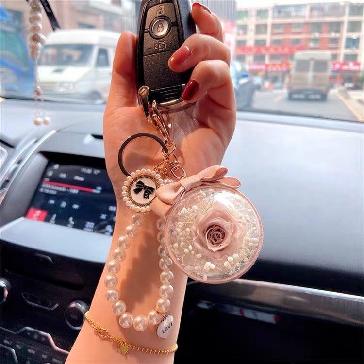 Natural Preserve Rose Flower Keychain 8cm Big Acrylic Round Ball Pedant Car  Hanging Pearl Key Chain Ring Valentine's Day Gift