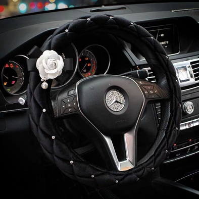 Black Velvet Steering wheel cover with Bling White Camellia