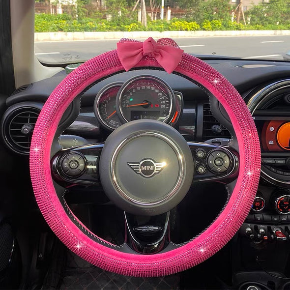 Pink or Black Bling Bedazzled Steering Wheel Cover with Rhinestones with Bow