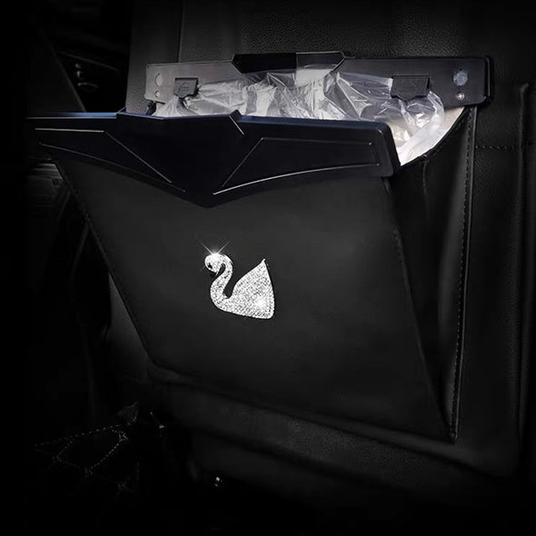 Car Seat back Black Foldable Trash Bag with Bling swan - Get your car neat!
