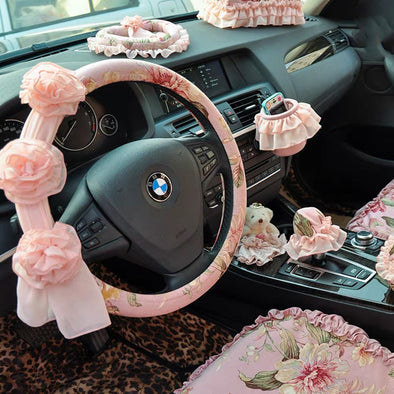 Pink Steering wheel cover and/or Matching seatbelt cover with Chiffon Lace Flowers