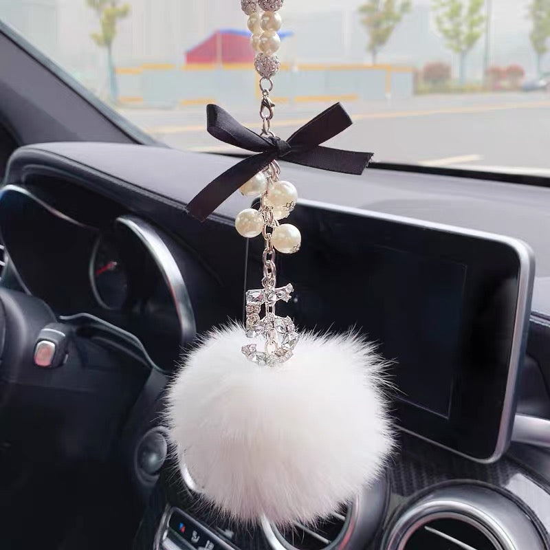 Car Hanging Charm-Crystal Pearls Fox Fur Pom Pom Rear View Pendant – Carsoda