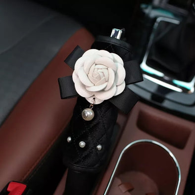 Black Hand Brake & Gear Shift Cover with Camellia and Rhinestones