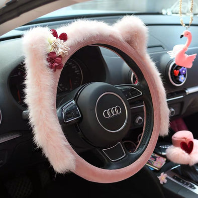 Cat Ears Fluffy Pink Steering wheel cover with a flower