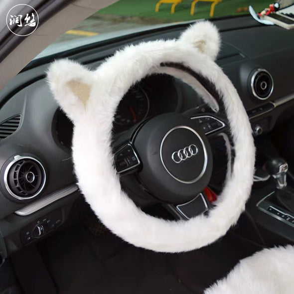 White Cat Fluffy Car Accessories- Steering wheel cover, headrest pillow and/or seat cover- Warming and cozy for Winter