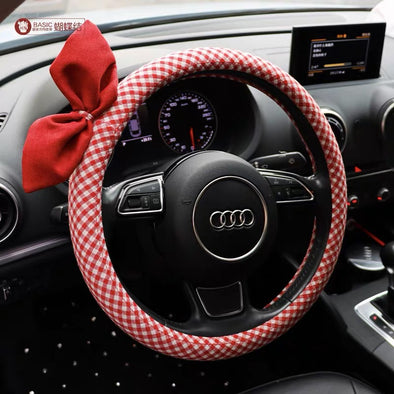 Checker pattern Cotton Steering wheel cover with a bow