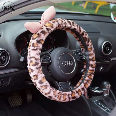 Pink Fluffy Leopard Print Steering wheel cover with a Bow