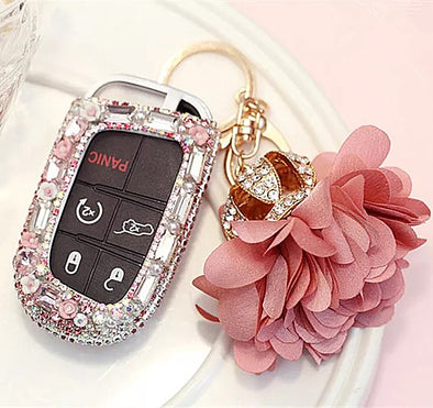 Bling Bedazzled JEEP Dodge Chrysler Key FOB Cover with Rhinestones- Pink for Cherokee Wrangler