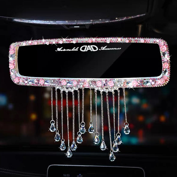 Pink Bling Car Rear View Mirror Cover with Crystal Tassels Pendant and Rhinestones Clip-on Chrome - Carsoda