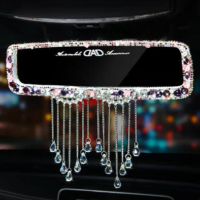 Bling Car Rear View Mirror Multicolor Rhinestone Crystal Clip-on Chrome with Crystal Pendant - Carsoda