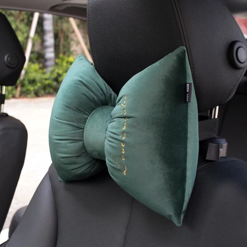 Silky Velvet Bow shaped Car Seat Headrest Pillow - Emerald, Teal