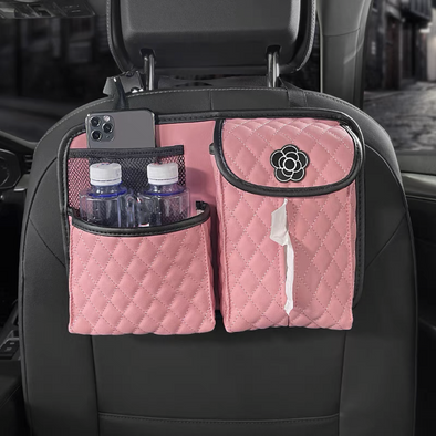 Small Pink Bling Back Seat Organizer -Cell phone water bottle iPad Tissue Holder with crown/camellia/swan