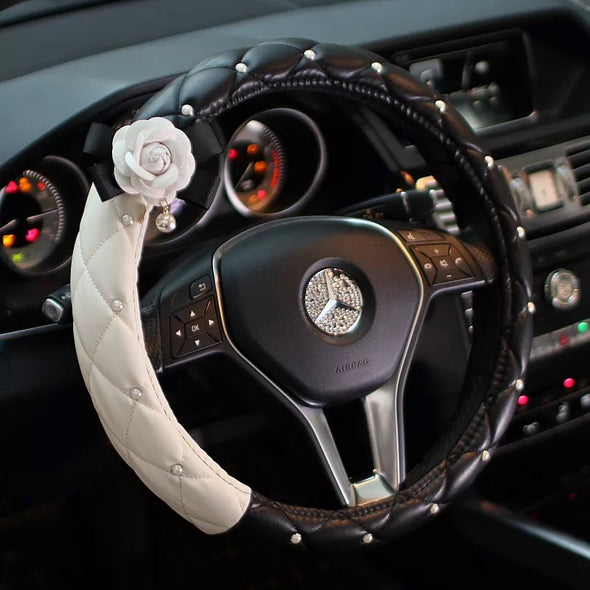 Black and White PU Leather Steering wheel cover with Camellia