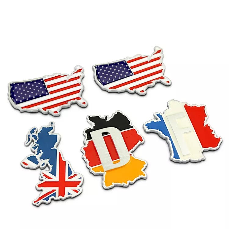 3D Chrome Metal MAP Car Decal Bumper Sticker -USA, UK, France, Germany