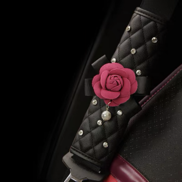 Black Leather Seat Belt Cover with Black and Pink Camellia