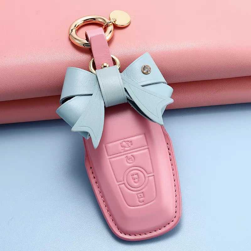 Leather Car Key Fob Holder Cover and Bow for Ford