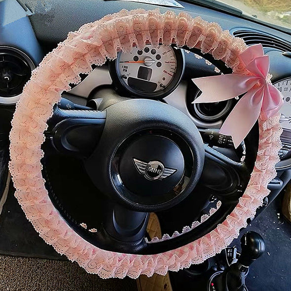 Pink Lace Steering wheel cover with Chiffon Bow