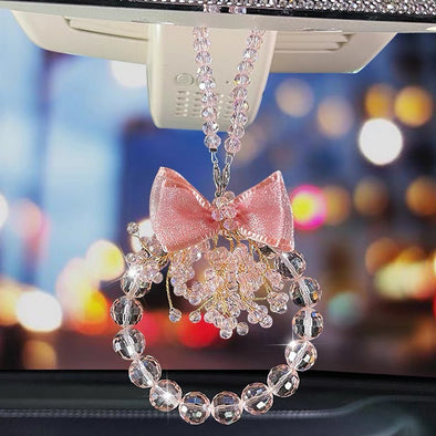 Bling Car Mirror Charm Ornaments-Hanging Crystal Circle with Bow Rearview Mirror Pendant