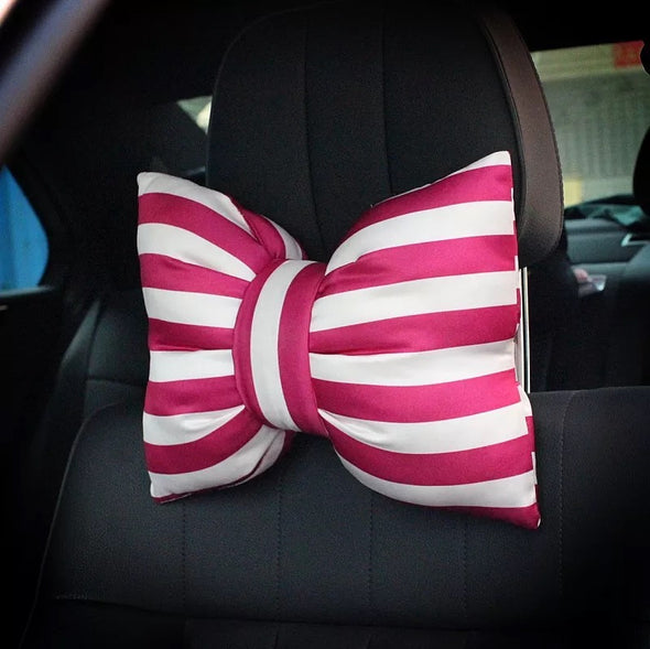Pink Stripe Bow Shaped Car Seat Headrest Pillow - Carsoda - 1