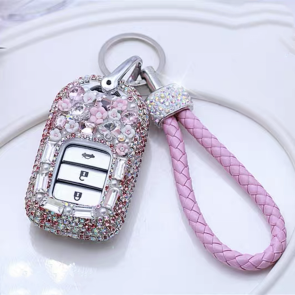 Pink Bling Car Key Holder with Rhinestones and flowers for Honda CRV XRV Accord Civic