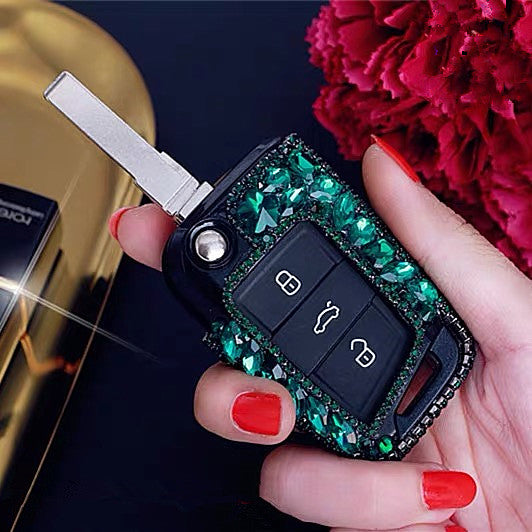 Emerald Green Bling Car Key Holder with Rhinestones for VW Golf GTI Scoda Touran